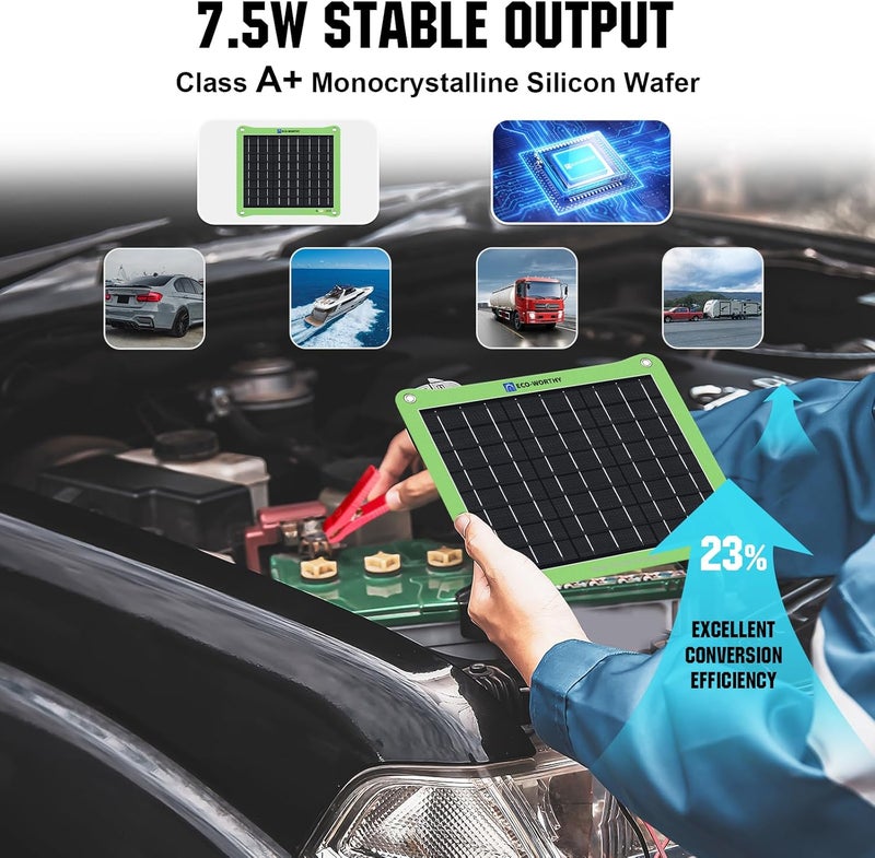ECO-WORTHY Upgrade 7.5W Solar Car Battery Charger Maintainer 12V Waterproof Solar Panel Portable Solar Trickle Charger for Car Truck Boat Lawn Mower RV Trailer Tractor Utility Vehicle Battery - Image 3